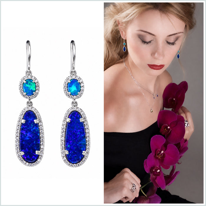 Blue opal diamond halo 925 silver dangle earrings - Ready to ship