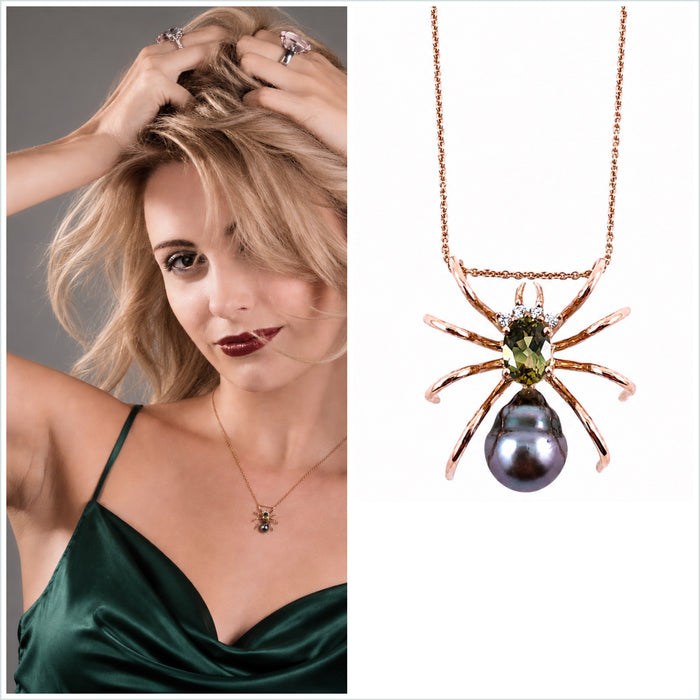 Spider arachnid insect Tahitian pearl Australian parti sapphire 14k rose gold pendant necklace