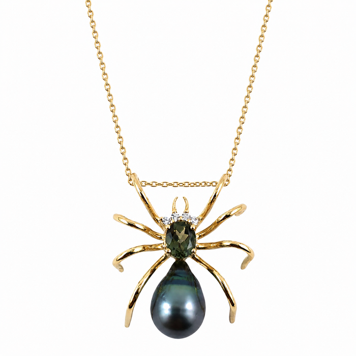 Spider arachnid insect Tahitian pearl Australian parti sapphire 14k yellow gold pendant necklace