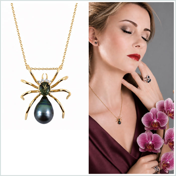 Spider arachnid insect Tahitian pearl Australian parti sapphire 14k yellow gold pendant necklace
