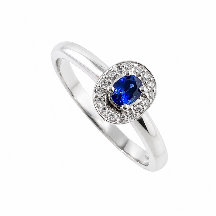 Ceylon sapphire oval and white diamond halo 14k white gold ring