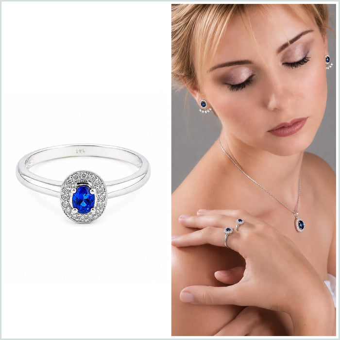 Ceylon sapphire oval and white diamond halo 14k white gold ring