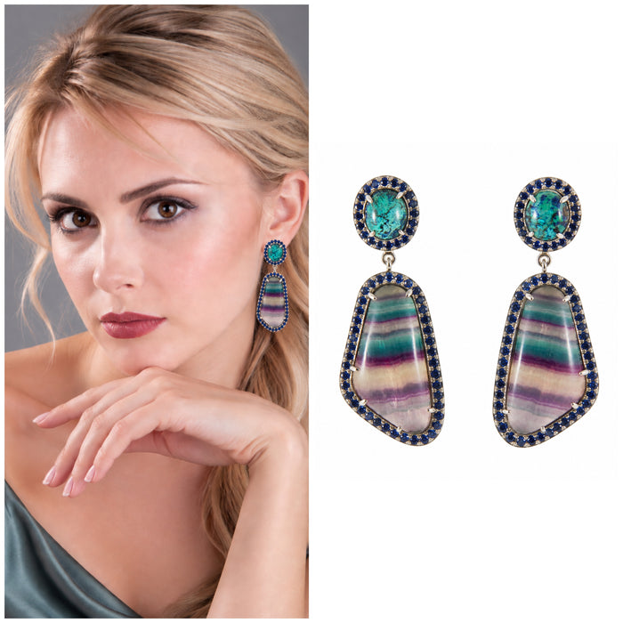 Rainbow fluorite, chrysocolla, blue sapphire halo silver dangle earrings