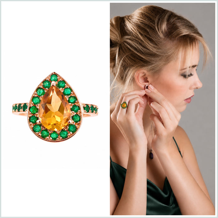 Citrine pear and emerald halo rose gold alternative engagement ring