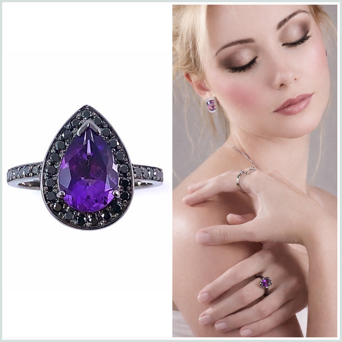 Amethyst pear gemstone halo gold ring - Customise size, halo gemstones and gold colour