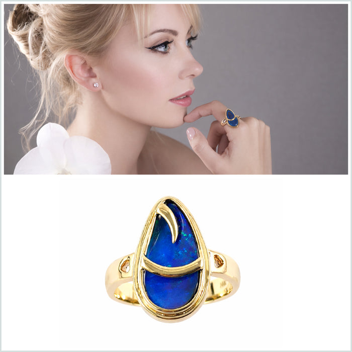 Australian blue Boulder opal organic sprout design solid yellow gold ring Size 11.5 US - Ready to ship or resize