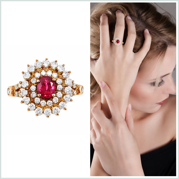 Red spinel oval and diamond rose gold ring