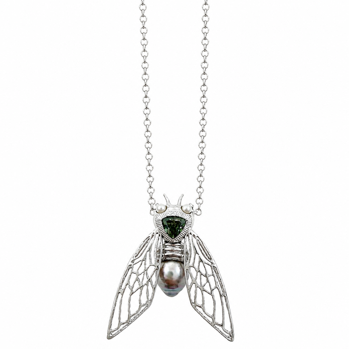Cicada insect Tahitian pearl Australian green trillion cut sapphire rhodium plated silver pendant necklace