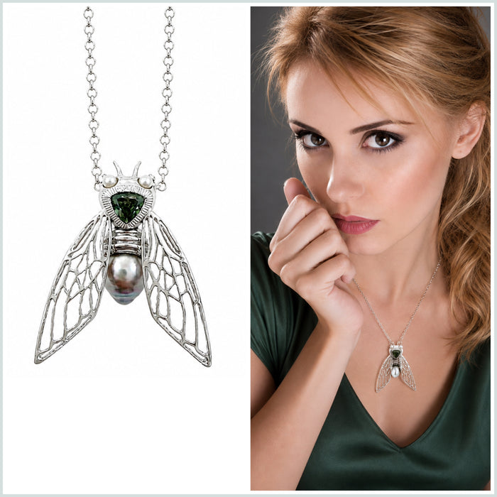 Cicada insect Tahitian pearl Australian green trillion cut sapphire rhodium plated silver pendant necklace