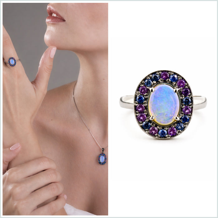 Australian jelly opal amethyst and blue sapphire halo black rhodium plated gold ring