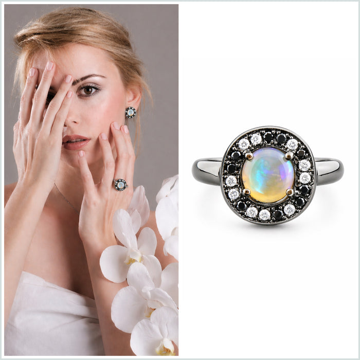 Australian jelly opal diamond black diamond halo black gold ring