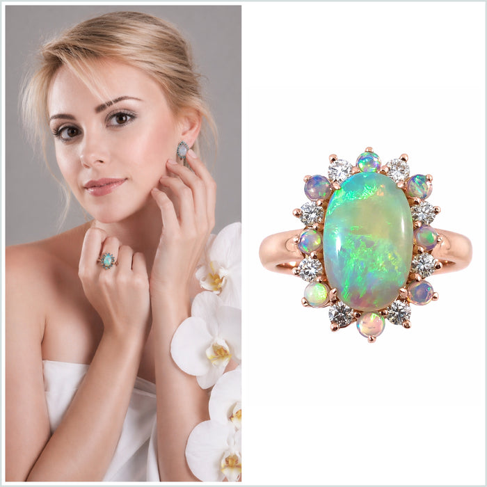 Australian jelly opal diamond halo 14k rose gold ring