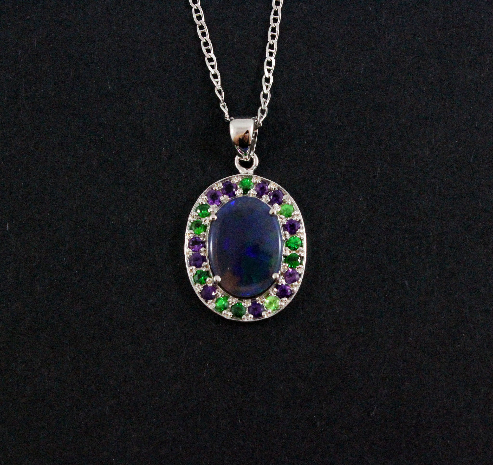 Australian jelly opal Tsavorite garnet and amethyst halo white gold pendant necklace - Sarah Hughes - 4