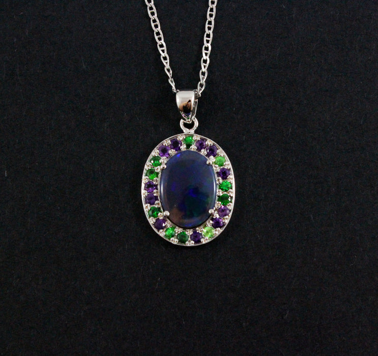 Australian jelly opal Tsavorite garnet and amethyst halo white gold pendant necklace - Sarah Hughes - 4