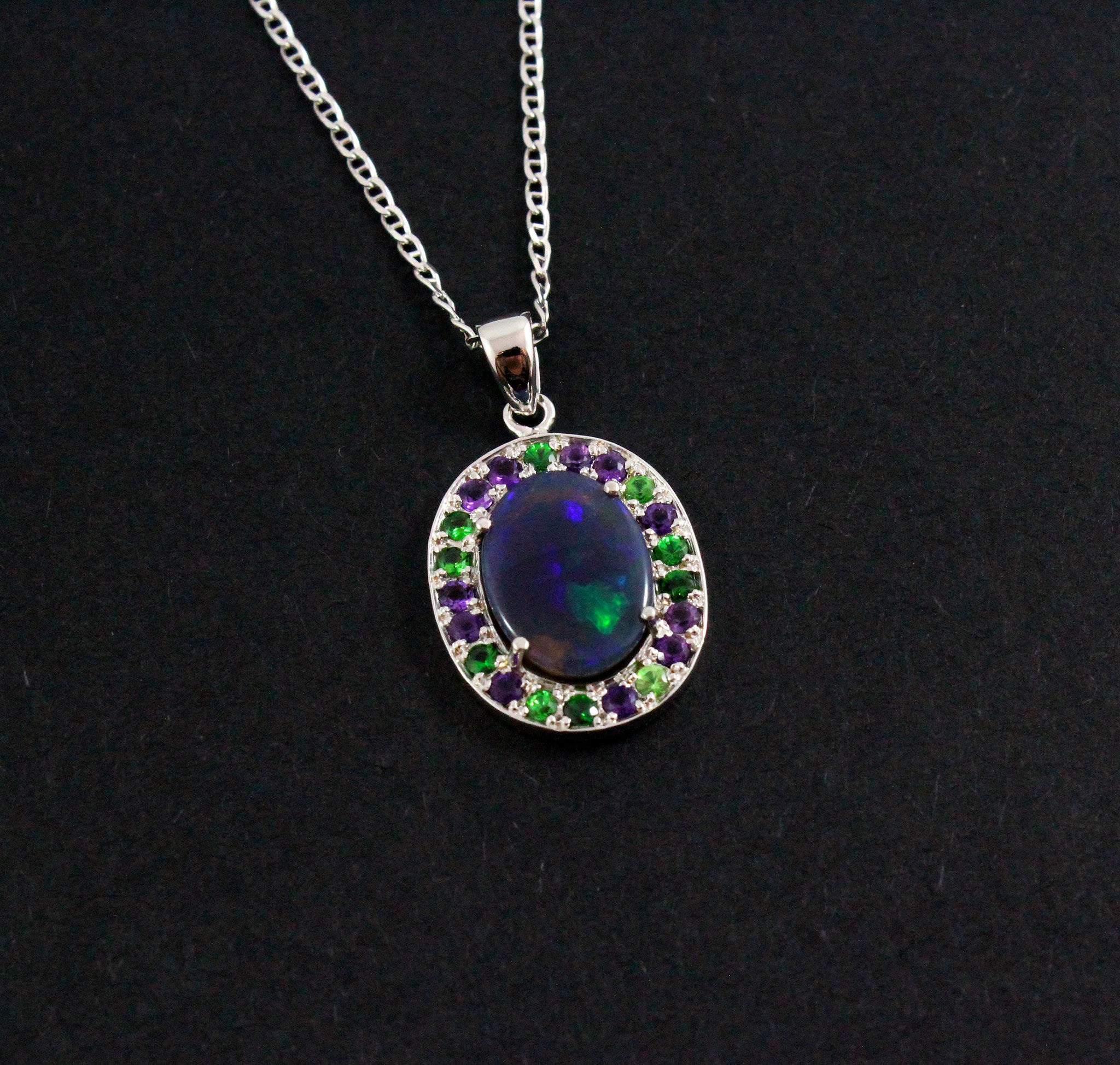 Australian jelly opal Tsavorite garnet and amethyst halo white gold pendant necklace - Sarah Hughes - 5