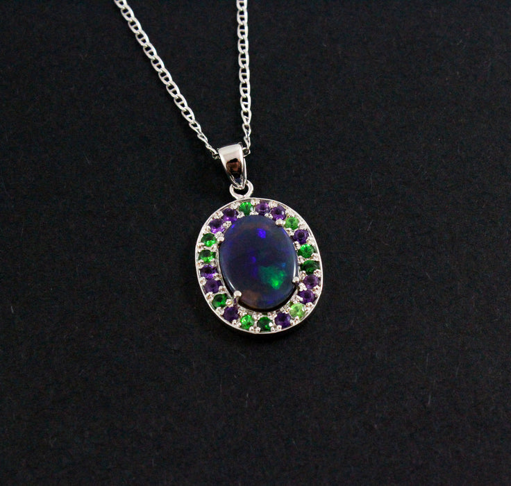 Australian jelly opal Tsavorite garnet and amethyst halo white gold pendant necklace - Sarah Hughes - 5