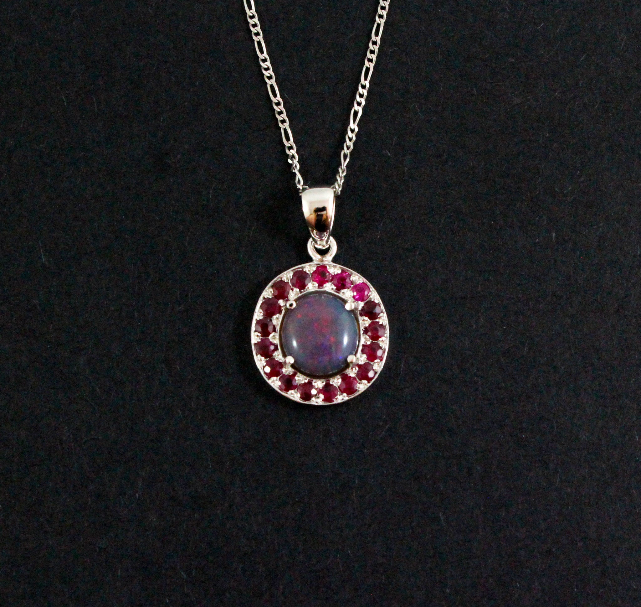 Australian jelly opal and ruby halo white gold pendant necklace - Sarah Hughes - 4