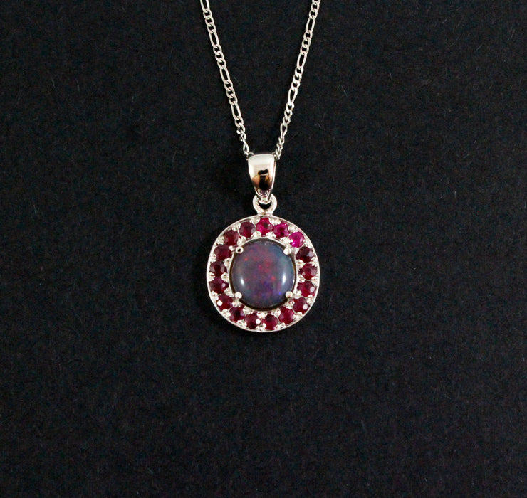 Australian jelly opal and ruby halo white gold pendant necklace - Sarah Hughes - 4