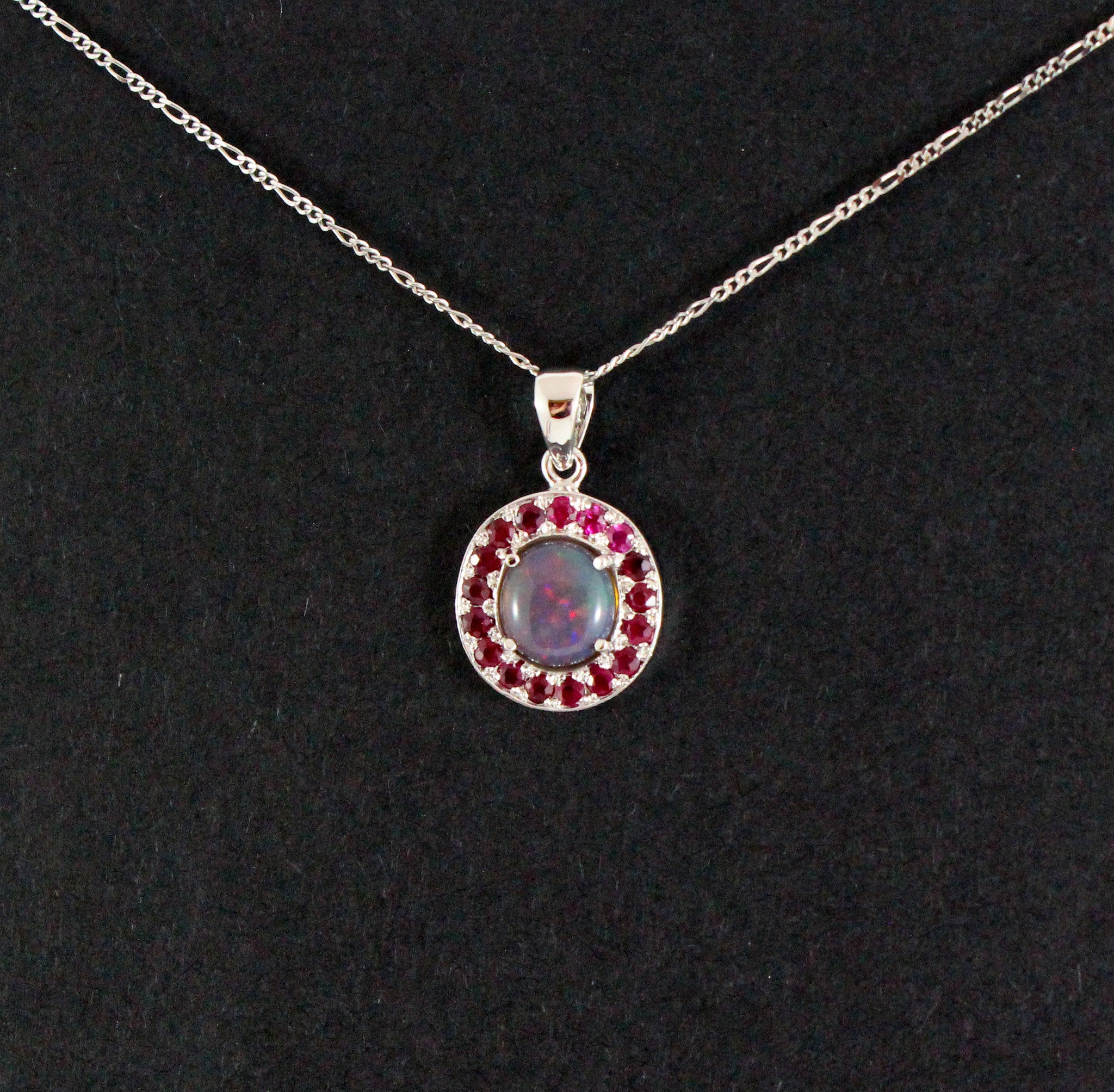 Australian jelly opal and ruby halo white gold pendant necklace - Sarah Hughes - 6