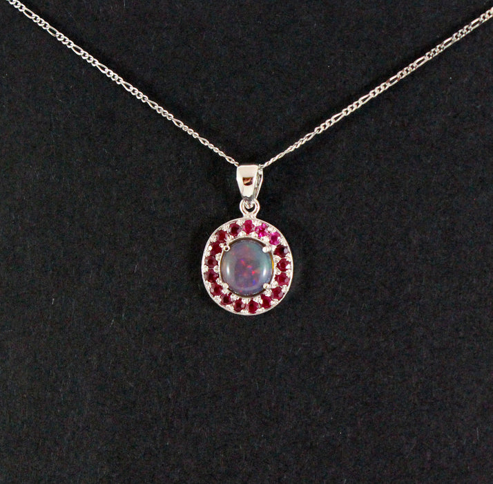 Australian jelly opal and ruby halo white gold pendant necklace - Sarah Hughes - 6