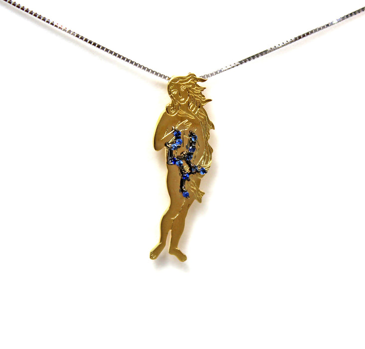 Virgo star sign as Botticelli's Venus in solid gold Virgo constellation blue sapphire birthstone black gold pendant - CLICK HERE - Sarah Hughes - 1