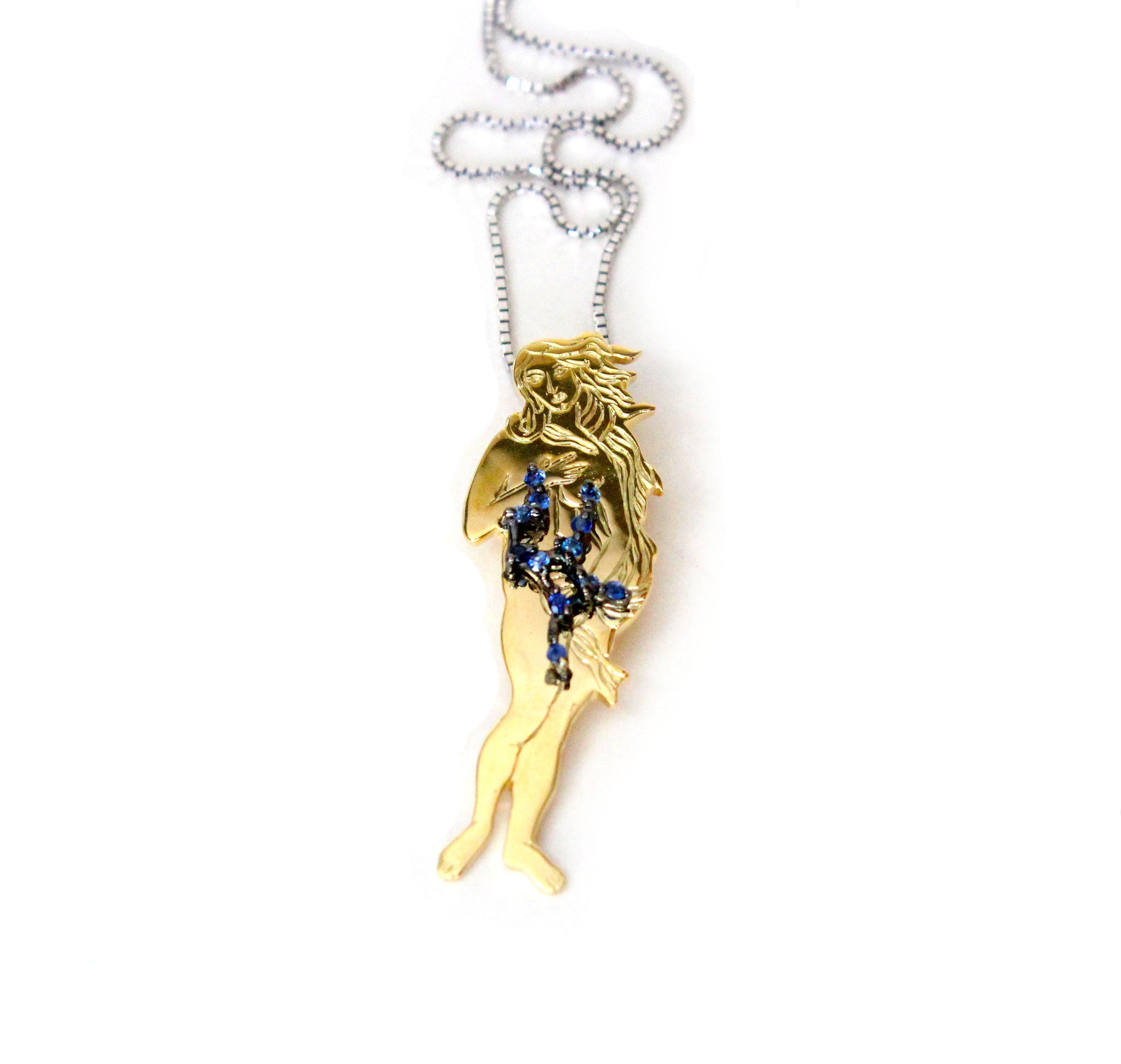 Virgo star sign as Botticelli's Venus in solid gold Virgo constellation blue sapphire birthstone black gold pendant - CLICK HERE - Sarah Hughes - 5