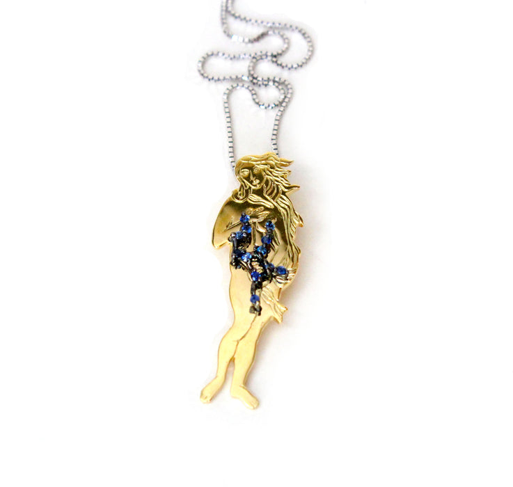 Virgo star sign as Botticelli's Venus in solid gold Virgo constellation blue sapphire birthstone black gold pendant - CLICK HERE - Sarah Hughes - 5