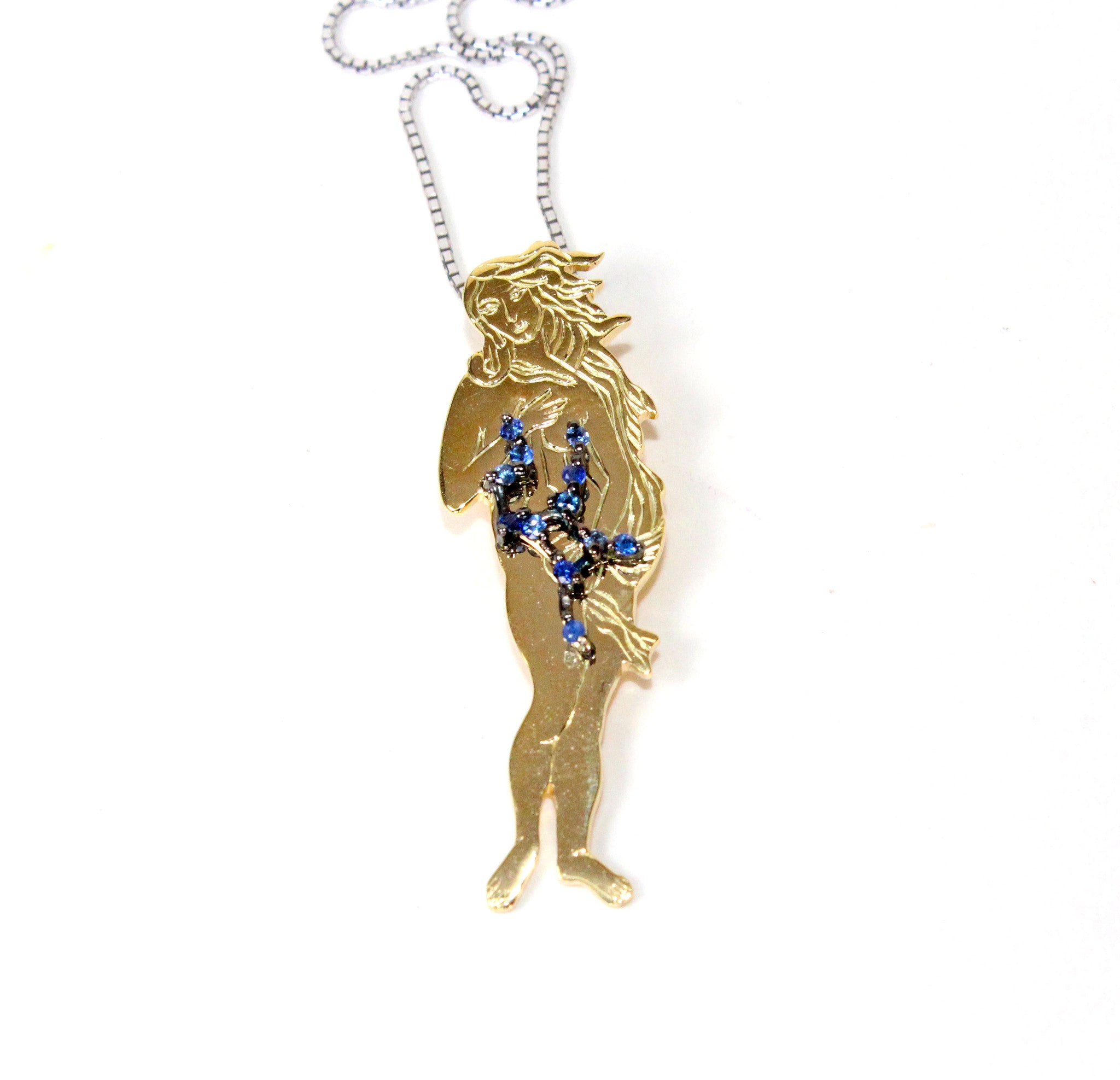Virgo star sign as Botticelli's Venus in solid gold Virgo constellation blue sapphire birthstone black gold pendant - CLICK HERE - Sarah Hughes - 6
