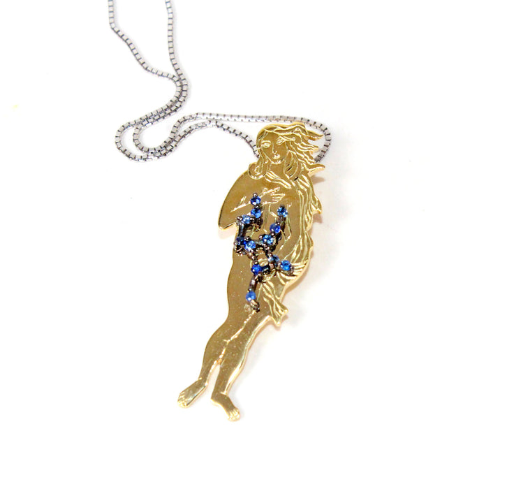 Virgo star sign as Botticelli's Venus in solid gold Virgo constellation blue sapphire birthstone black gold pendant - CLICK HERE - Sarah Hughes - 4