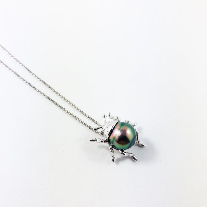 Beetle bug insect Tahitian pearl, 14k white gold pendant necklace