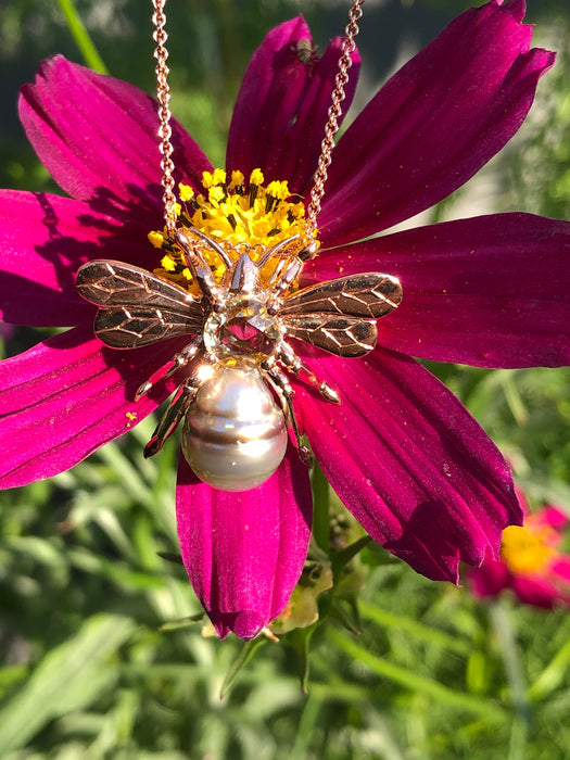 Bee insect Tahitian pearl, yellow rose cut sapphire, 14k rose gold pendant necklace