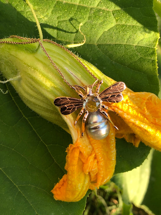 Bee insect Tahitian pearl, yellow rose cut sapphire, 14k rose gold pendant necklace
