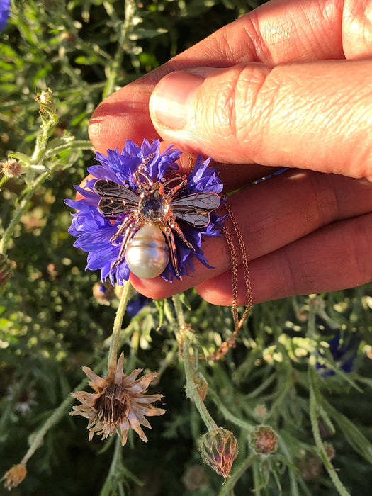 Bee insect Tahitian pearl, yellow rose cut sapphire, 14k rose gold pendant necklace