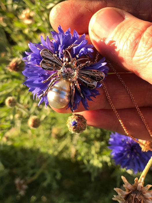 Bee insect Tahitian pearl, yellow rose cut sapphire, 14k rose gold pendant necklace