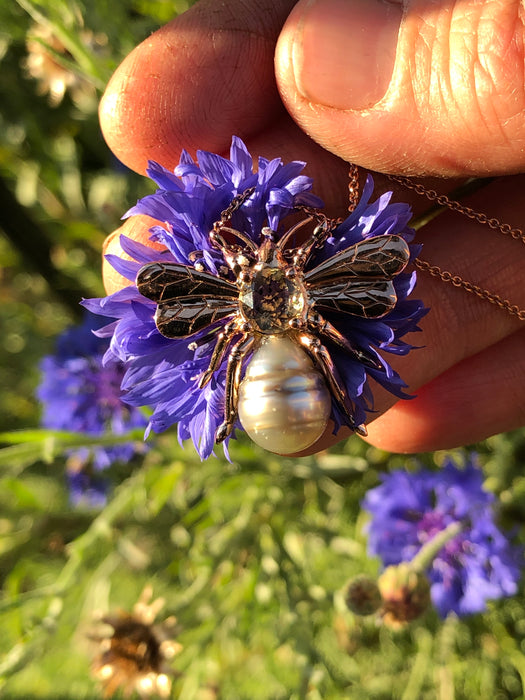 Bee insect Tahitian pearl, yellow rose cut sapphire, 14k rose gold pendant necklace