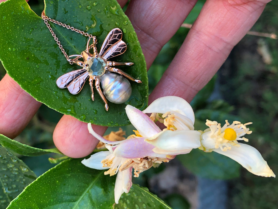 Bee insect Tahitian pearl, yellow rose cut sapphire, 14k rose gold pendant necklace