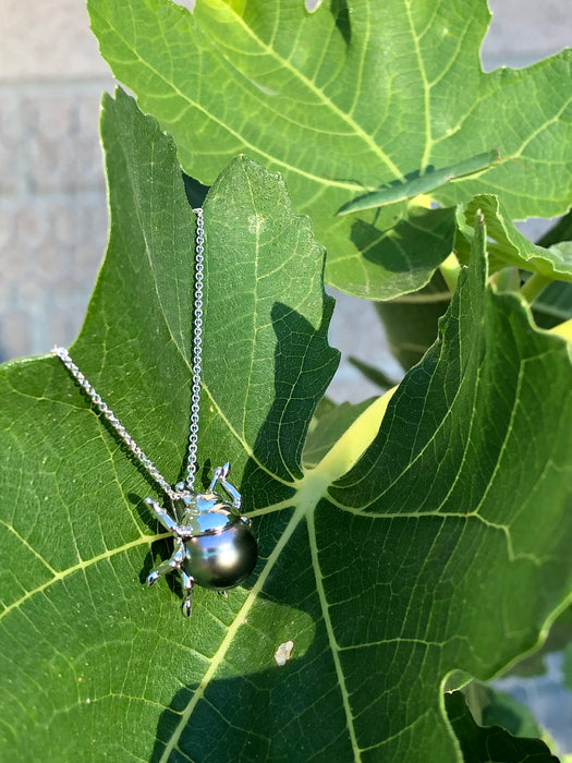Beetle bug insect Tahitian pearl, 14k white gold pendant necklace