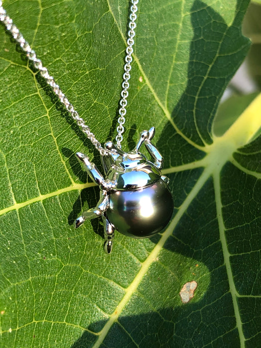 Beetle bug insect Tahitian pearl, 14k white gold pendant necklace