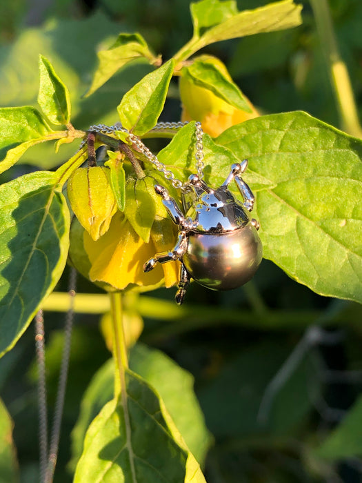 Beetle bug insect Tahitian pearl, 14k white gold pendant necklace