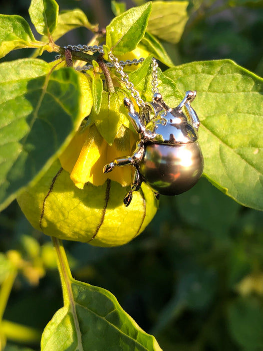 Beetle bug insect Tahitian pearl, 14k white gold pendant necklace
