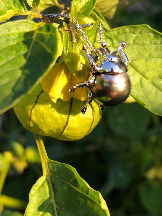 Beetle bug insect Tahitian pearl, 14k white gold pendant necklace