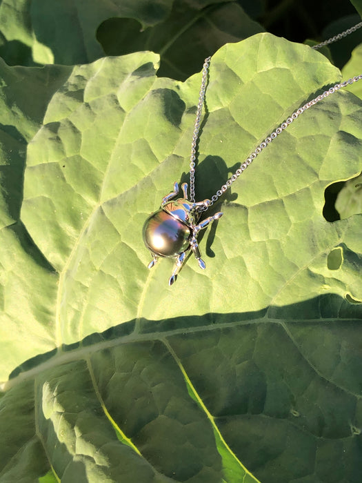 Beetle bug insect Tahitian pearl, 14k white gold pendant necklace