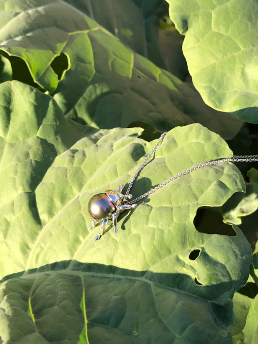 Beetle bug insect Tahitian pearl, 14k white gold pendant necklace
