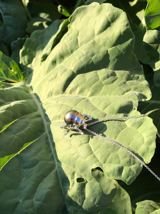 Beetle bug insect Tahitian pearl, 14k white gold pendant necklace