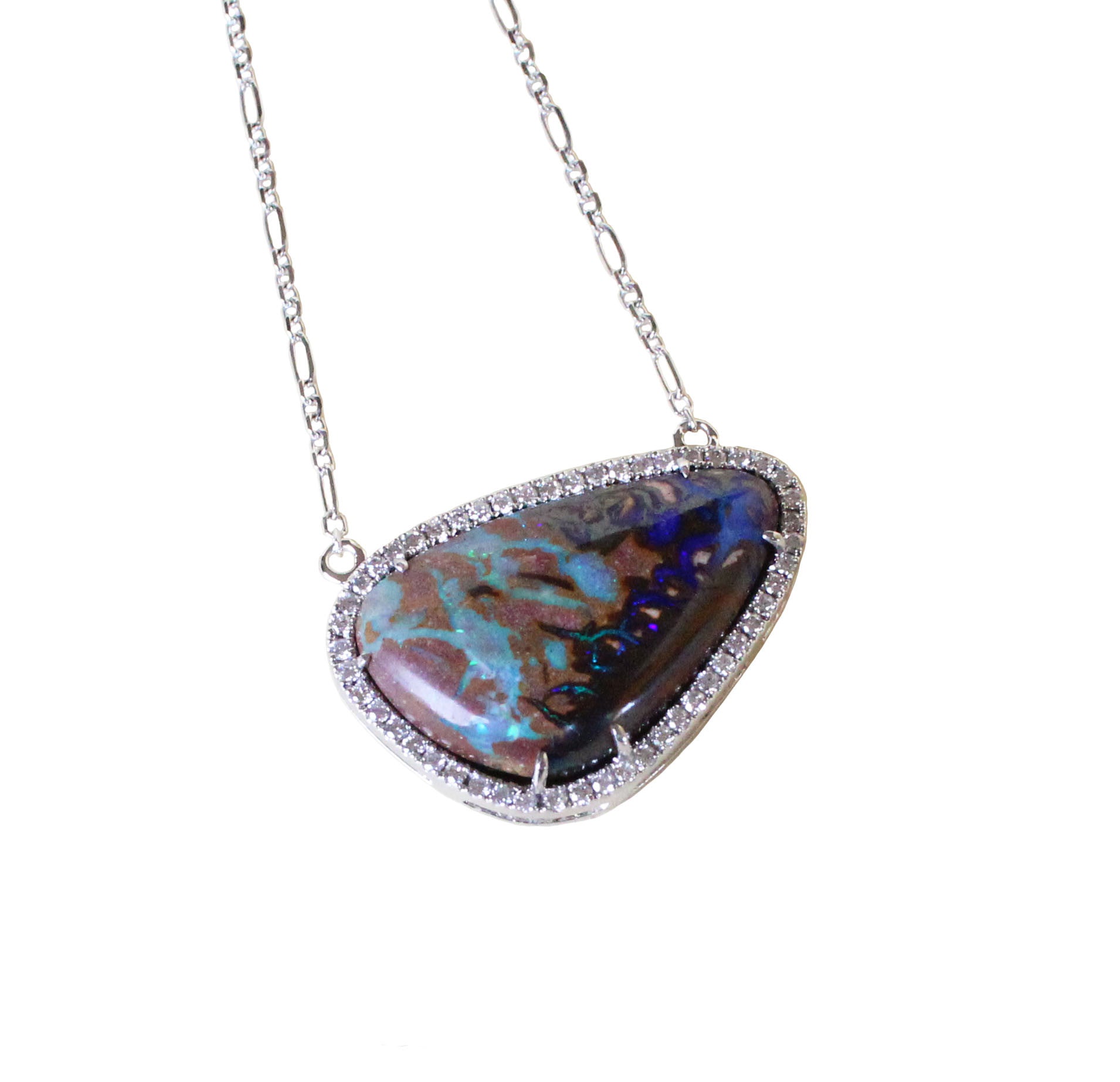 Australian boulder opal diamond 14k white gold pendant necklace - Ready to ship CLICK HERE - Sarah Hughes - 7