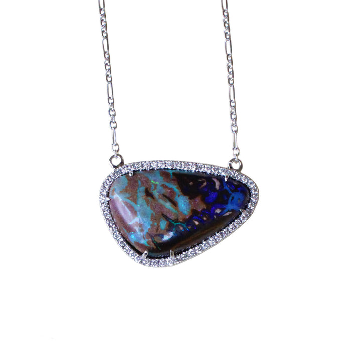 Australian boulder opal diamond 14k white gold pendant necklace - Ready to ship CLICK HERE - Sarah Hughes - 8