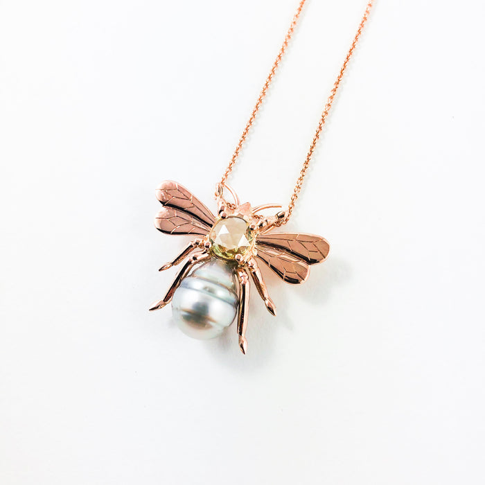 Bee insect Tahitian pearl, yellow rose cut sapphire, 14k rose gold pendant necklace