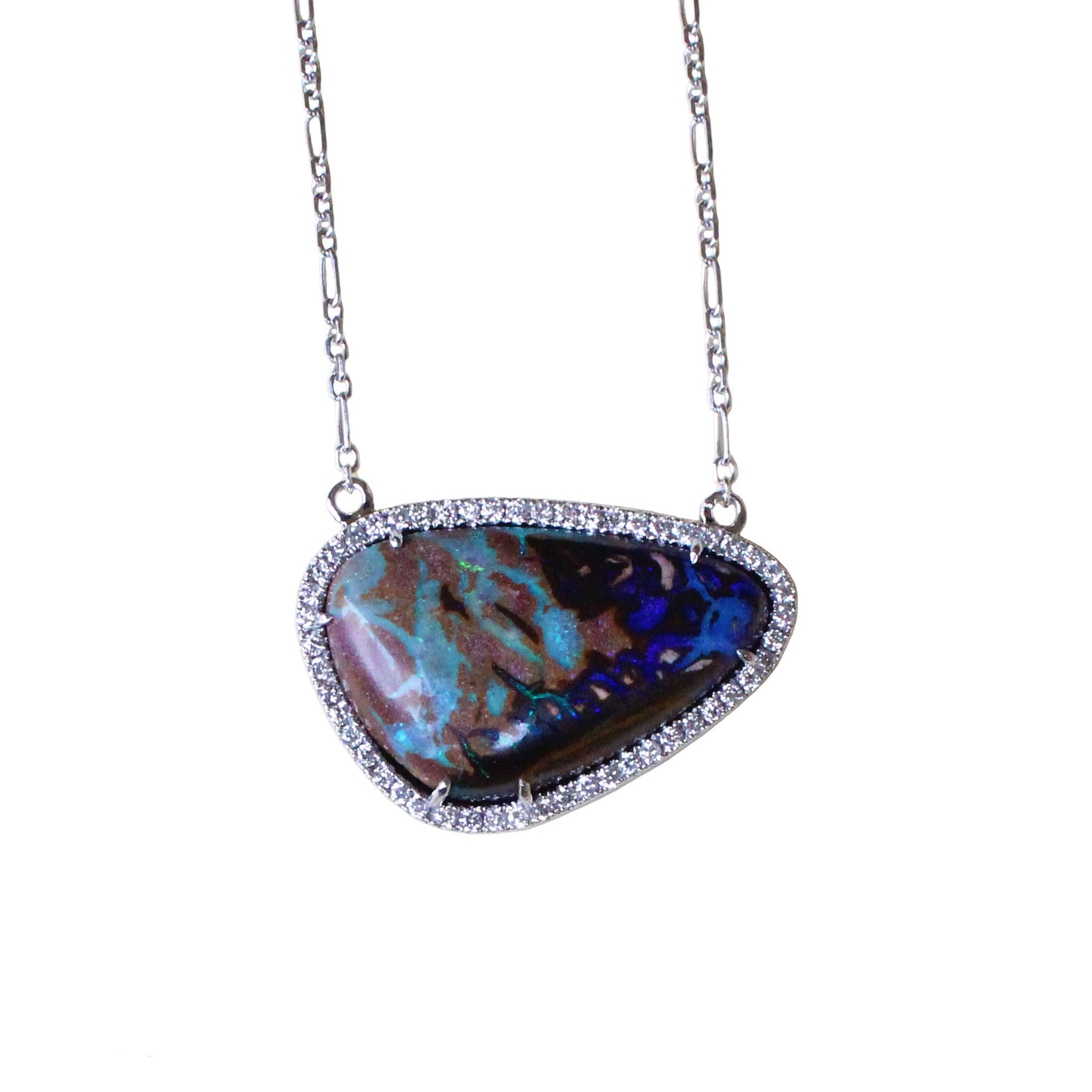 Australian boulder opal diamond 14k white gold pendant necklace - Ready to ship CLICK HERE - Sarah Hughes - 1