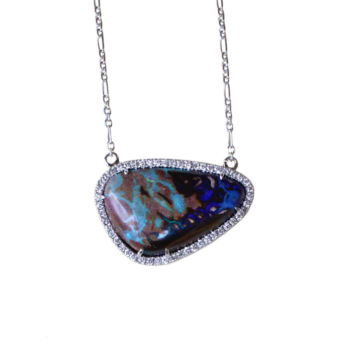 Australian boulder opal diamond 14k white gold pendant necklace - Ready to ship CLICK HERE - Sarah Hughes - 1