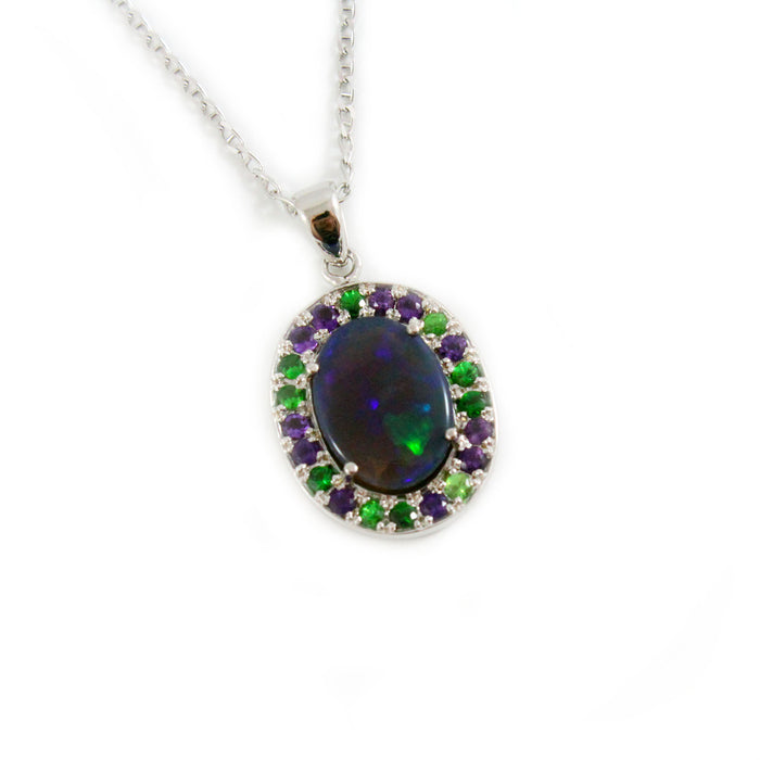 Australian jelly opal Tsavorite garnet and amethyst halo white gold pendant necklace - Sarah Hughes - 1